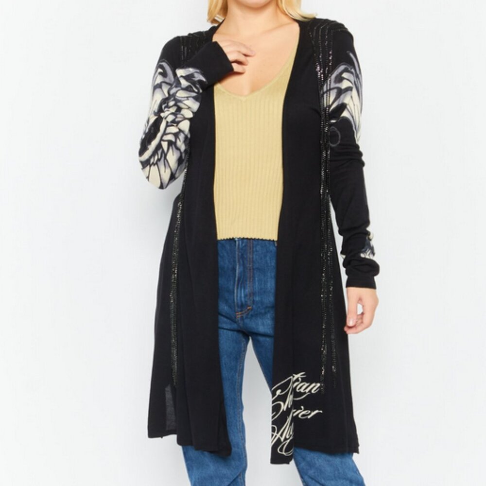 Christian Audigier Black Long Cardigan with Cream Sleeve Detail